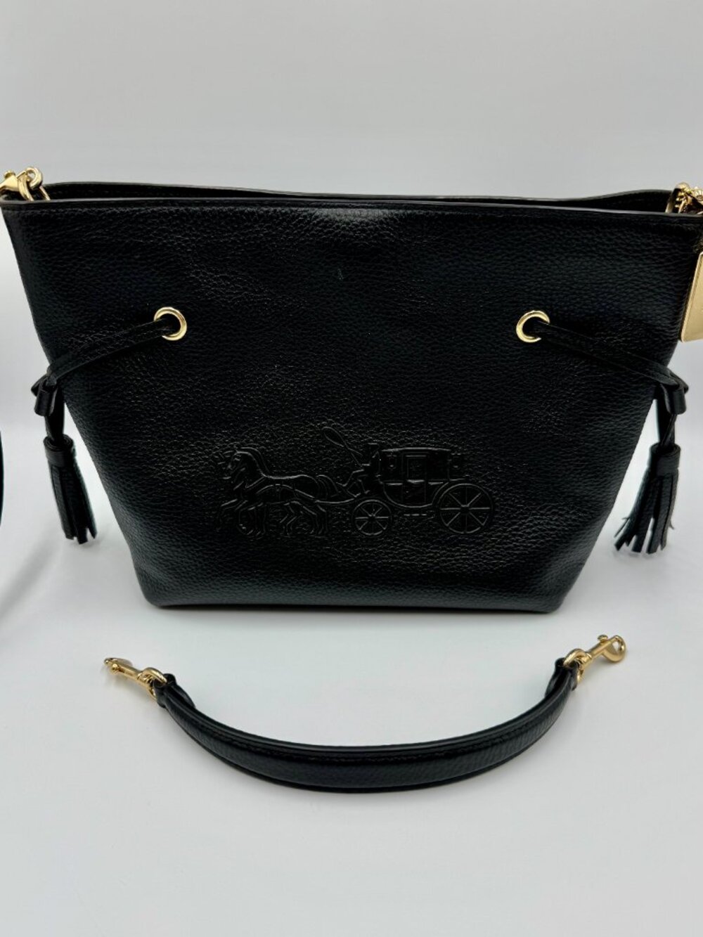 Coach Pebbled Black & Gold Leather Horse And Carriage Crossbody Bag